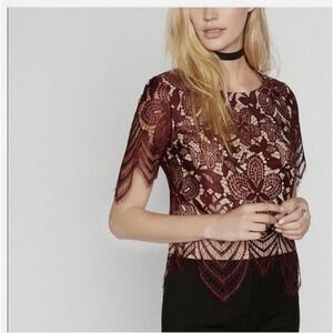 Express Burgundy Floral Eyelash Lace Scalloped Hem Top Small Burgundy Wine